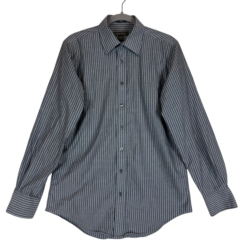 Merona Dress Shirt Mens Medium 15.5 Gray Stripe Slim Fit Cotton Long Sleeve
